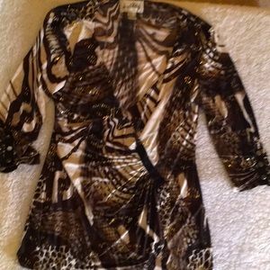 Joseph Ribkoff knit top brown print gold accents